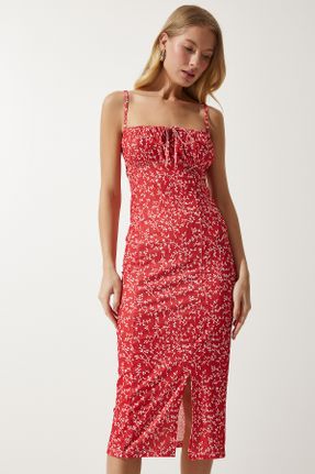 لباس قرمز زنانه بافتنی مخلوط پلی استر طرح گلدار Fitted بند دار کد 811398473