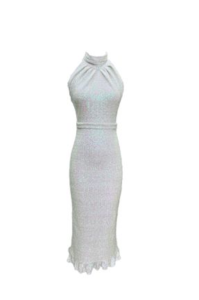 لباس مجلسی سفید زنانه پولکی بدون آستین اسلیم یقه اسکی آستر دار کد 811686467