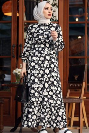 لباس مشکی زنانه بافتنی ویسکون طرح گلدار رگولار آستین-بلند کد 812383468