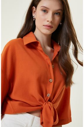 پیراهن نارنجی زنانه یقه پیراهنی پلی استر کد 812214183