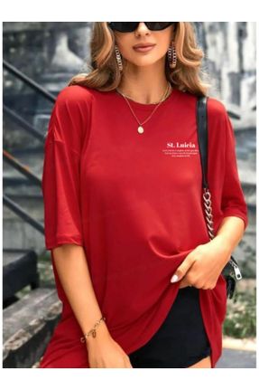 تی شرت قرمز زنانه اورسایز یقه گرد پنبه - پلی استر جوان کد 812165251