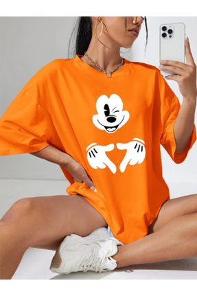 تی شرت نارنجی زنانه اورسایز یقه گرد پنبه (نخی) تکی جوان کد 812233875