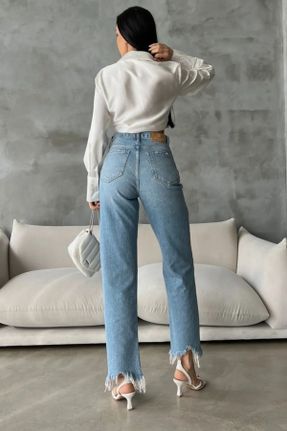 شلوار جین آبی زنانه پاچه لوله ای فاق بلند جین ساده کد 808619378
