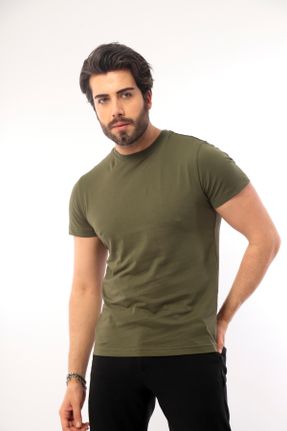 تی شرت خاکی مردانه رگولار یقه گرد پنبه (نخی) تکی کد 798486347