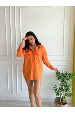پیراهن نارنجی زنانه یقه پیراهنی کتان رگولار کد 812076081