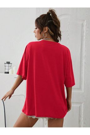 تی شرت قرمز زنانه یقه گرد پنبه (نخی) اورسایز تکی کد 812139256