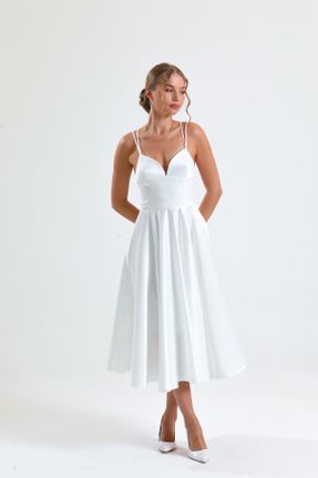 لباس مجلسی سفید زنانه ساتن آویزی یقه قلب بدون آستر کد 312588978