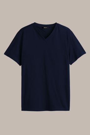 تی شرت سرمه ای مردانه یقه هفت پنبه (نخی) رگولار تکی پوشاک ورزشی کد 104158143