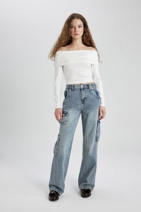 شلوار جین آبی زنانه پاچه لوله ای جین کارگو بلند کد 812154632