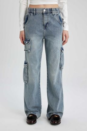 شلوار جین آبی زنانه پاچه لوله ای جین کارگو بلند کد 812154632