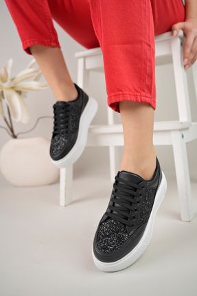 کفش اسنیکر مشکی زنانه بند دار چرم مصنوعی کد 810905502