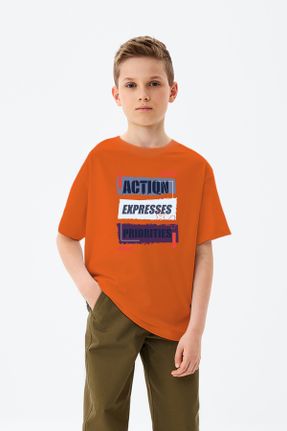 تی شرت نارنجی بچه گانه رگولار یقه گرد تکی کد 813064109