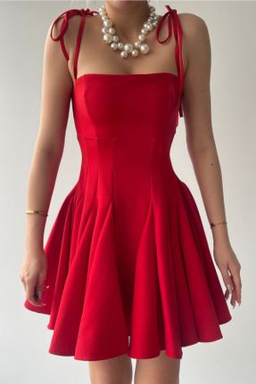 لباس قرمز زنانه بافتنی پنبه - پلی استر گلوژ بند دار کد 813188020