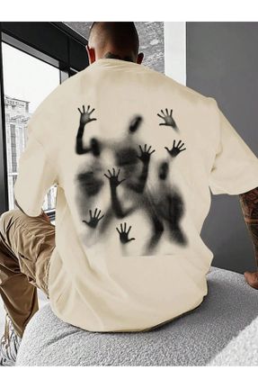 تی شرت بژ مردانه اورسایز یقه گرد پنبه (نخی) تکی کد 813042599