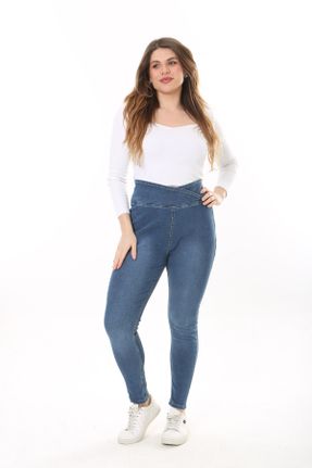 شلوار جین سایز بزرگ سرمه ای زنانه فاق بلند قد اورجینال کد 809459098
