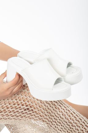دمپائی سفید زنانه چرم مصنوعی پاشنه ضخیم پاشنه متوسط ( 5 - 9 cm ) کد 813307766