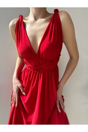 لباس قرمز زنانه بافتنی کرپ آسیمتریک بند دار پارتی کد 813117953