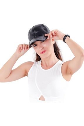 کلاه مشکی زنانه چرم خالص derikem - کد 813204477