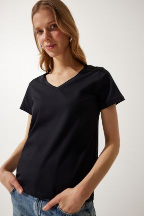 تی شرت مشکی زنانه رگولار یقه هفت پنبه (نخی) تکی بیسیک کد 813868511