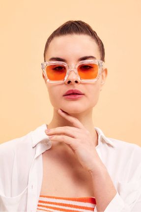 عینک آفتابی نارنجی زنانه 50 UV400 استخوان مات مستطیل کد 813440241