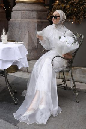 لباس مجلسی سفید زنانه تور رگولار یقه پیراهنی آستر دار کد 813444768