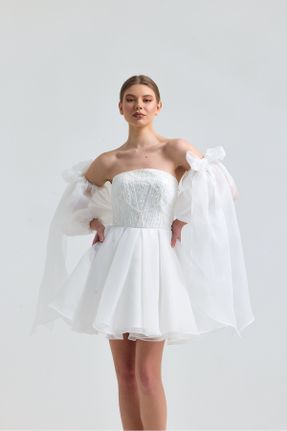 لباس مجلسی سفید زنانه تور استراپلز بدون آستر کد 813526064