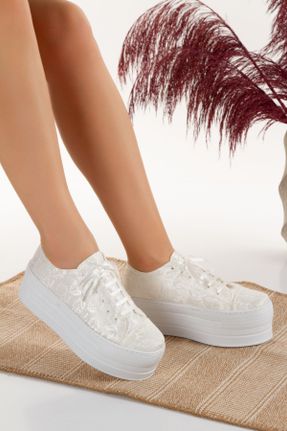 کفش مجلسی سفید زنانه پارچه نساجی پاشنه متوسط ( 5 - 9 cm ) پاشنه پر کد 813666531