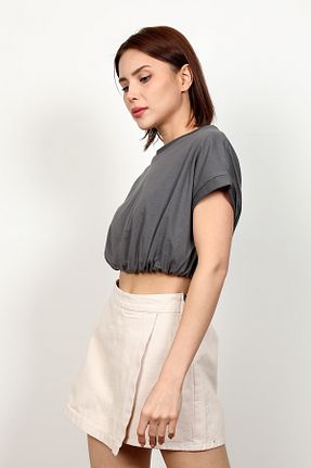 تیشرت طوسی زنانه کراپ GİYSA - کد 813974236