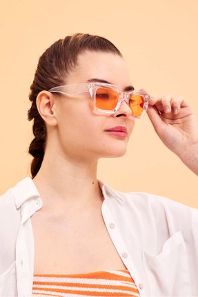 عینک آفتابی نارنجی زنانه 50 UV400 استخوان مات مستطیل کد 813440241