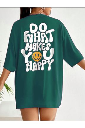 تی شرت سبز زنانه ریلکس یقه گرد پنبه (نخی) تکی کد 813599936