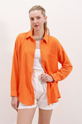پیراهن نارنجی زنانه یقه پیراهنی مخلوط ویسکون اورسایز کد 653168159
