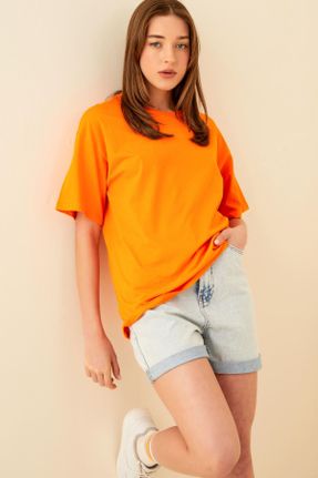 تی شرت نارنجی زنانه اورسایز یقه گرد پنبه (نخی) تکی کد 260953167