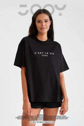 تی شرت مشکی زنانه یقه گرد پنبه - پلی استر اورسایز تکی کد 814579714