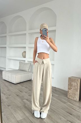 شلوار بژ زنانه مخلوط ویسکون Seda Yalçın Atelier - کد 814636638