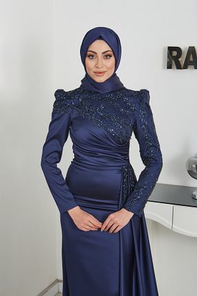 لباس مجلسی سرمه ای زنانه یقه هفت ساتن آستین استاندارد رگولار کد 814342528