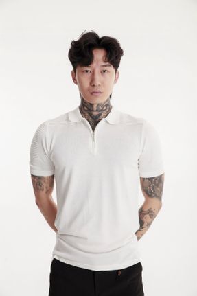 تی شرت سفید مردانه پنبه (نخی) ریلکس یقه پولو جوان کد 814566101