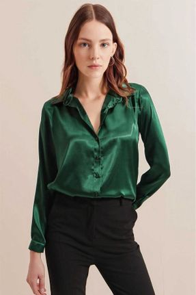 پیراهن سبز زنانه اورسایز یقه پیراهنی پلی استر کد 660577008