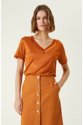 تی شرت نارنجی زنانه ریلکس یقه هفت ویسکون کد 812448977