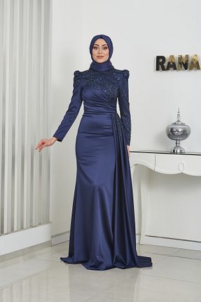 لباس مجلسی سرمه ای زنانه یقه هفت ساتن آستین استاندارد رگولار کد 814342528