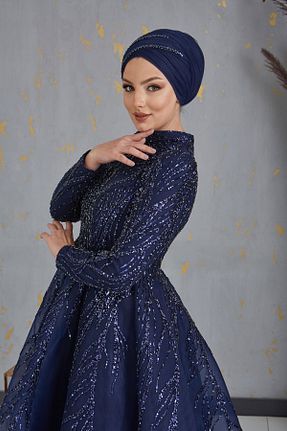 لباس مجلسی حجاب سرمه ای زنانه یقه ایستاده Genel Markalar - کد 814545200