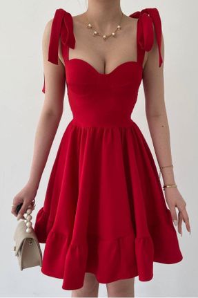 لباس قرمز زنانه بافتنی مخلوط پلی استر گلوژ بند دار کد 814355533