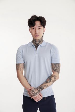 تی شرت آبی مردانه ریلکس یقه پولو پنبه (نخی) جوان کد 814570096