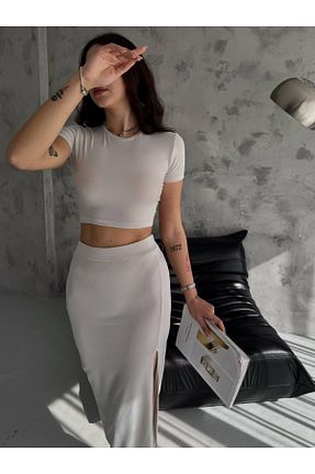 ست بالاتنه و پائین تنه سفید زنانه بافتنی Esgym - کد 814632920
