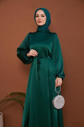 لباس مجلسی سبز زنانه یقه ایستاده ساتن رگولار کد 796981923