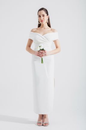 لباس مجلسی سفید زنانه آستین استاندارد رگولار یقه دوبل آستر دار کد 815036653