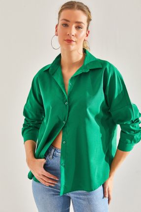 پیراهن سبز زنانه رگولار یقه پیراهنی پنبه - پلی استر کد 815123007