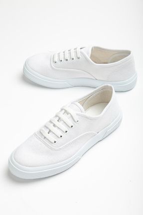 کفش اسنیکر سفید زنانه بند دار پارچه نساجی کد 714748354