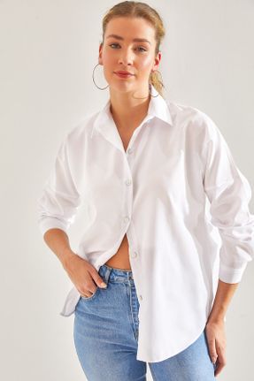 پیراهن سفید زنانه پنبه - پلی استر یقه پیراهنی رگولار کد 815123805