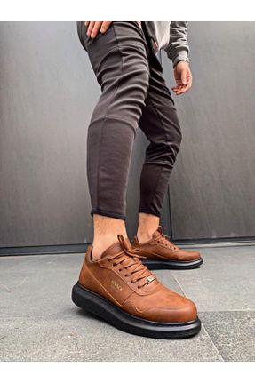 کفش اسنیکر قهوه ای مردانه بند دار چرم مصنوعی کد 815125061