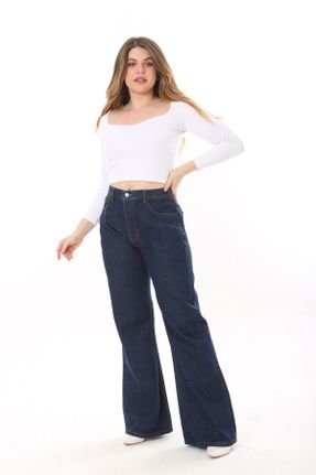 شلوار جین سایز بزرگ سرمه ای زنانه پاچه گشاد فاق بلند بلند جین کد 807609439
